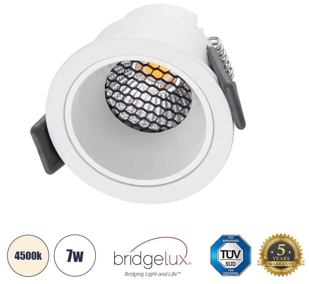 GloboStar® PLUTO-S 60248 Χωνευτό LED Spot Downlight TrimLess Φ6.4cm 7W 910lm 38° AC 220-240V IP20 Φ6.4 x Υ4.9cm - Στρόγγυλο - Λευκό &amp; Anti-Glare HoneyComb - Φυσικό Λευκό 4500K - Bridgelux COB - 5 Years Warranty