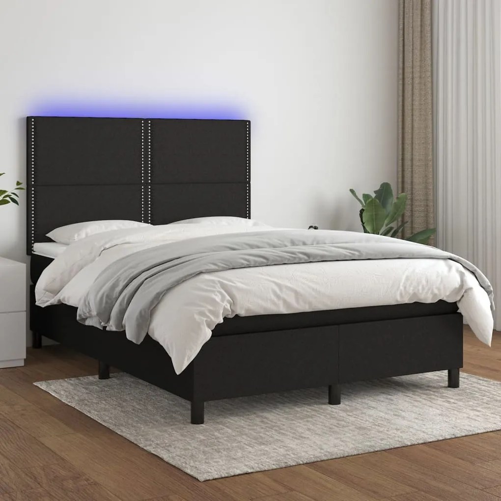 vidaXL Κρεβάτι Boxspring με Στρώμα &amp; LED Μαύρο 140x200 εκ. Υφασμάτινο