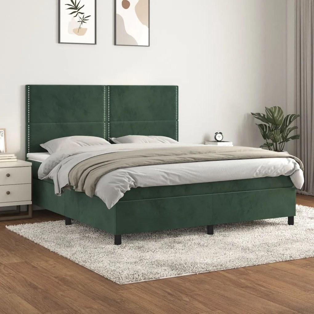 vidaXL Κρεβάτι Boxspring με Στρώμα Σκούρο Πράσινο 160x200εκ. Βελούδινο