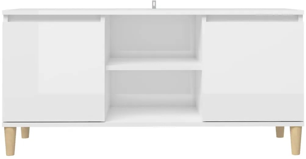 vidaXL Έπιπλο Τηλεόρασης Γυαλ. Λευκό 103,5x35x50 εκ Μασίφ Ξύλινα Πόδια