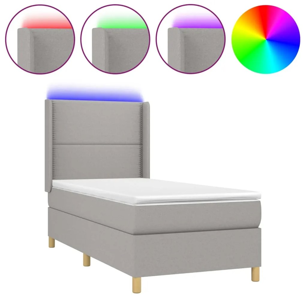 vidaXL Κρεβάτι Boxspring με Στρώμα &amp; LED Αν.Γκρι 100x200εκ. Υφασμάτινο