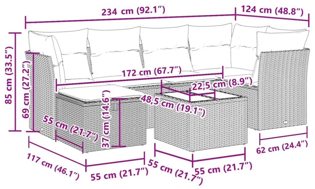 Καναπές Σετ 7 Τεμαχίων Μαύρο Συνθετικό Ρατάν με Μαξιλάρια - Μαύρο