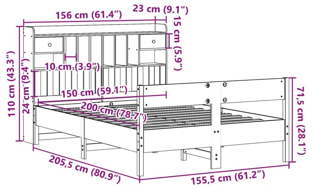 Κρεβάτι Βιβλιοθήκη Χωρίς Στρώμα 150x200 εκ Μασίφ Ξύλο Πεύκου - Λευκό