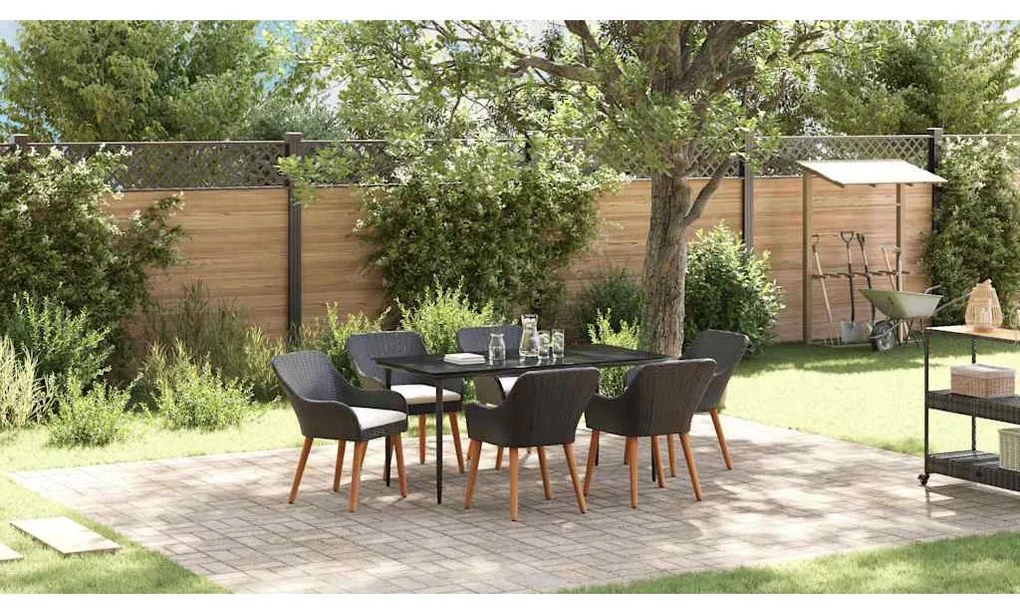 vidaXL Σέτ φαγητού για κήπο με μαξιλάρι 7 pcs Μαύρο συνθετικό ρατάν