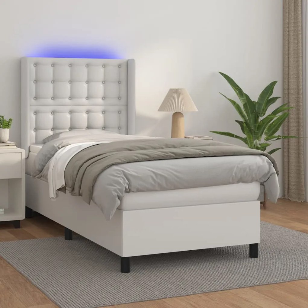 Κρεβάτι Boxspring με Στρώμα &amp; LED Λευκό 90x200 εκ. Συνθ. Δέρμα