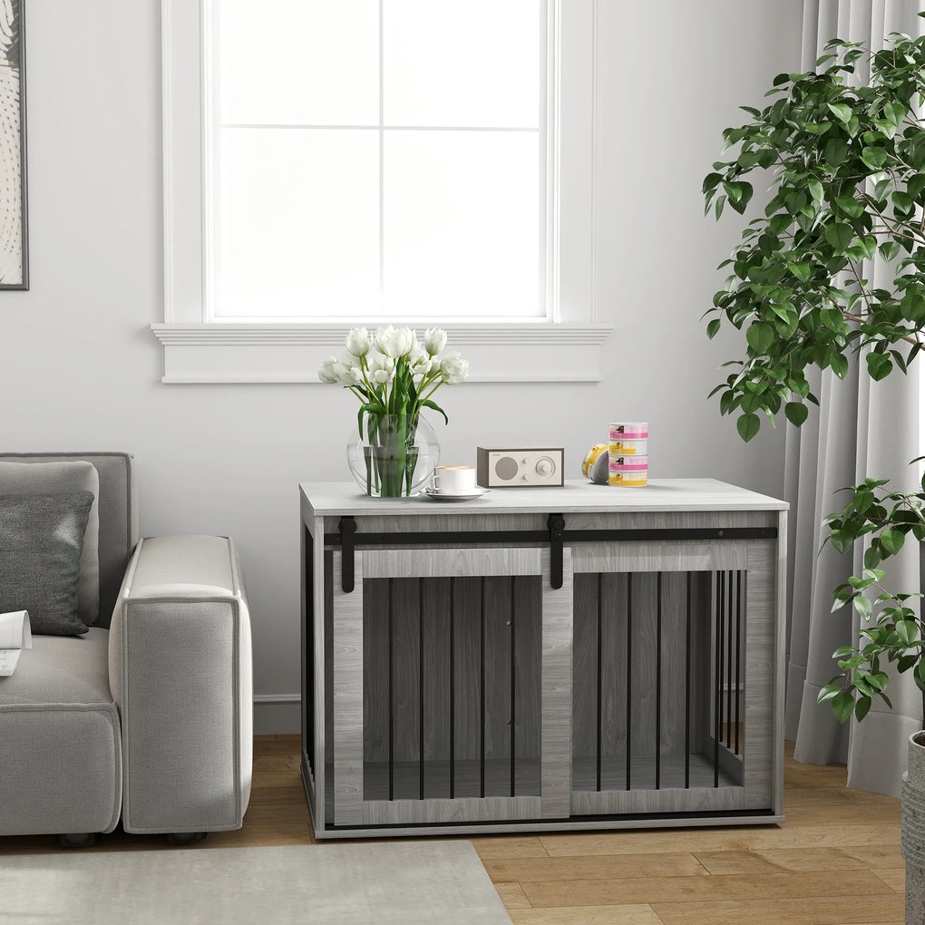 PawHut Κλουβί Σκύλου με Συρόμενη Πόρτα, Αερισμός, Πλάκα Μοριοσανίδων και Ατσάλι, 98 x 58 x 61 cm, Γκρι