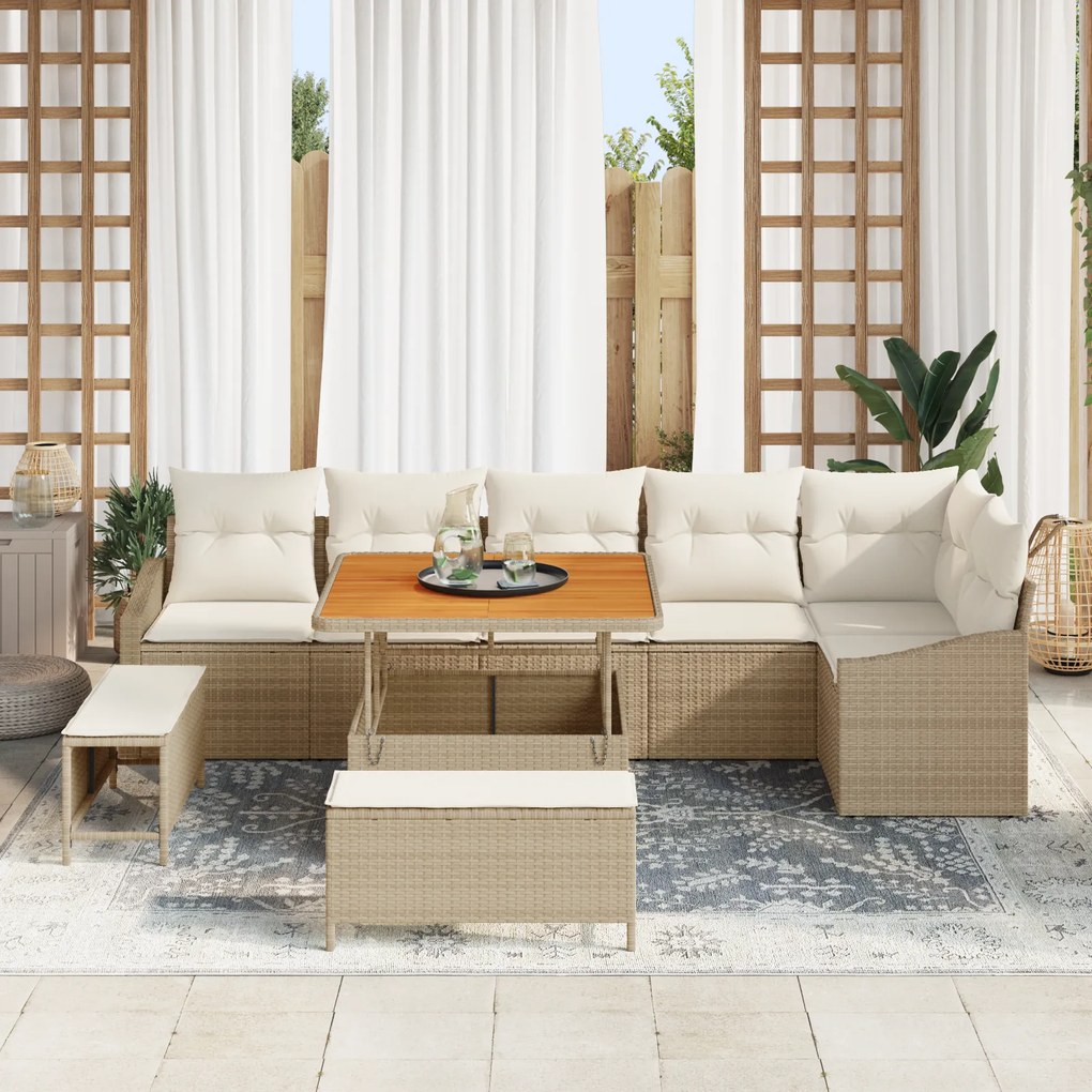 vidaXL Σετ Καναπέ 9 Τεμαχίων με Μαξιλάρια Μπεζ Πολυ Ρατάν Ακακίας