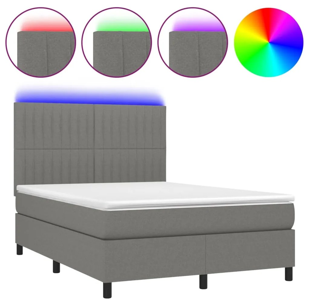 vidaXL Κρεβάτι Boxspring με Στρώμα & LED Σκ.Γκρι 140x190εκ. Υφασμάτινο