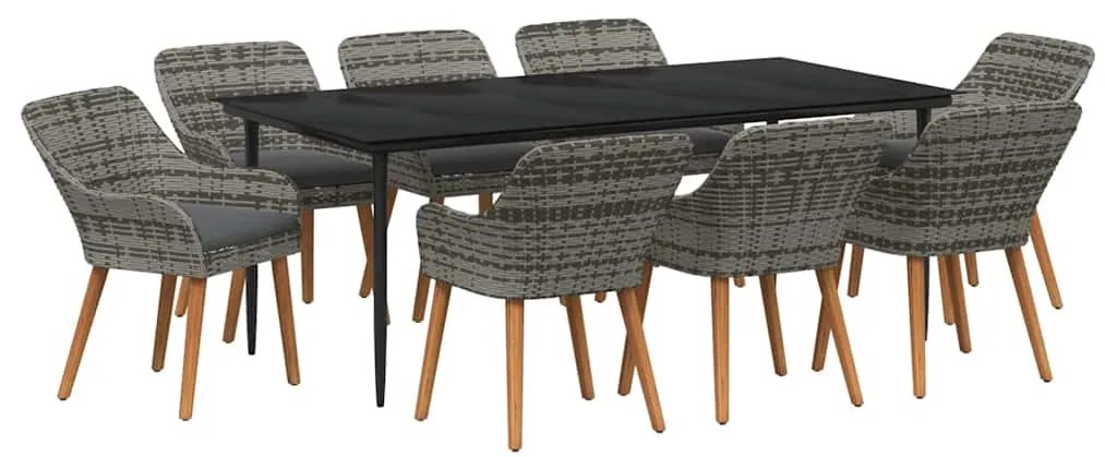 vidaXL Σέτ φαγητού για κήπο με μαξιλάρι 9 pcs Γκρι συνθετικό ρατάν