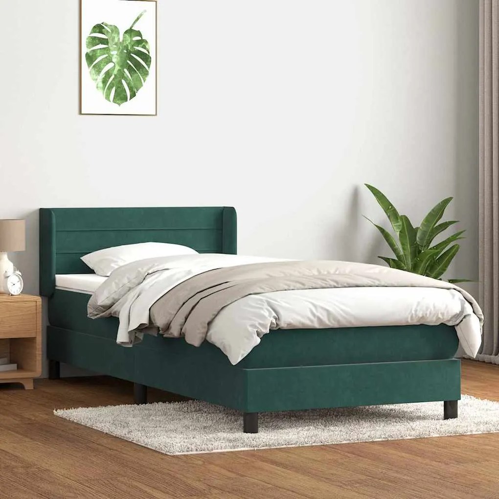 vidaXL Κρεβάτι Boxspring με Στρώμα Σκούρο Πράσινο 100x210εκ. Βελούδινο