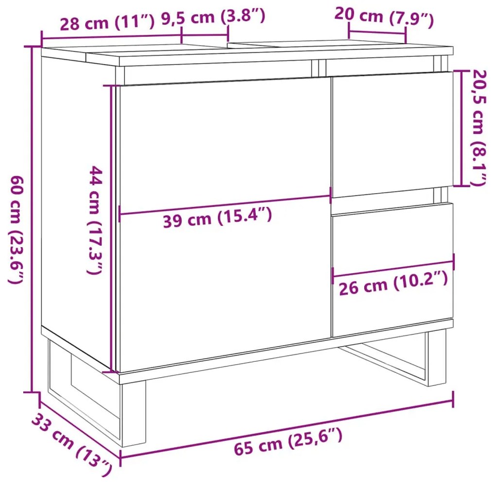 Ντουλάπι Νιπτήρα Μπάνιου Αρτισιανή Δρυς 65x33x60 εκ. Επεξ. Ξύλο - Καφέ