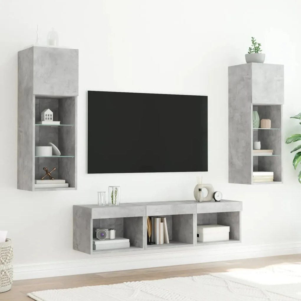 vidaXL Έπιπλα Τοίχου Τηλεόρασης 5 τεμ. LED Γκρι Σκυρ. από Επεξ. Ξύλο