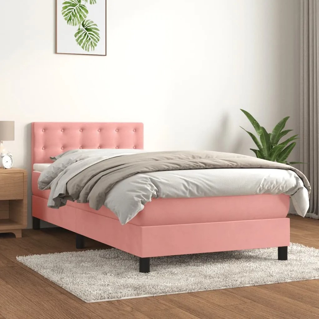 vidaXL Κρεβάτι Boxspring με Στρώμα Ροζ 100x200 εκ. Βελούδινο