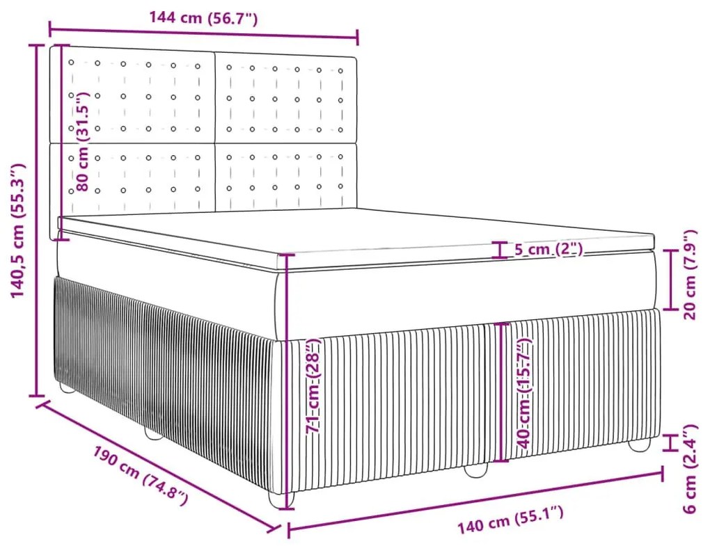 Κρεβάτι Boxspring με Στρώμα Ανοιχτό Γκρι 140x190 εκ. Βελούδινο - Γκρι