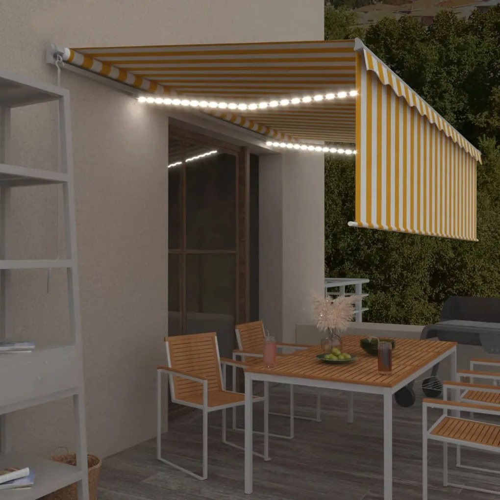 vidaXL Τέντα Συρόμενη Χειροκίνητη με Σκίαστρο&amp;LED Κίτρινο/Λευκό 5x3 μ.