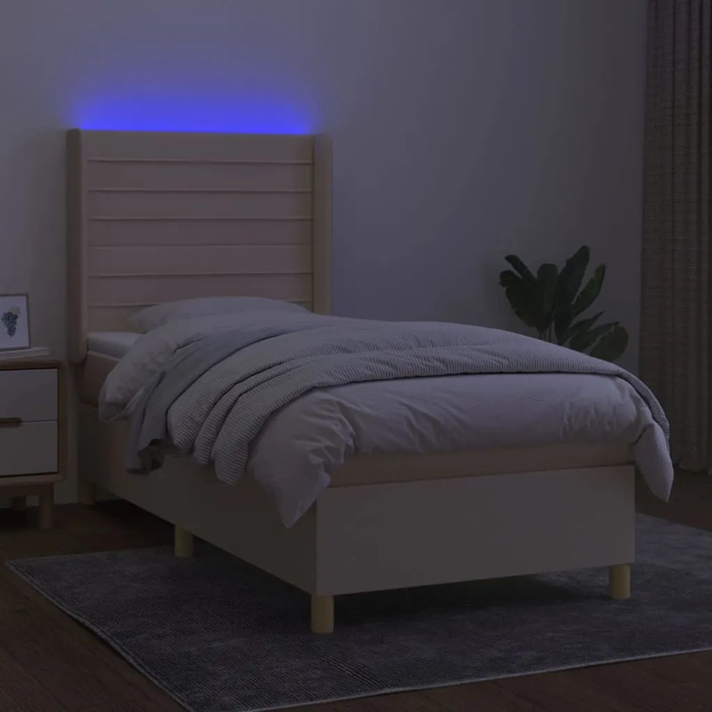 Κρεβάτι Boxspring με Στρώμα &amp; LED Κρεμ 100x200 εκ. Υφασμάτινο - Κρεμ