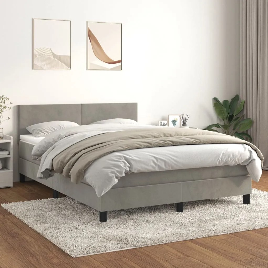 Κρεβάτι Boxspring με Στρώμα Ανοιχτό Γκρι 140x200 εκ. Βελούδινο - Γκρι