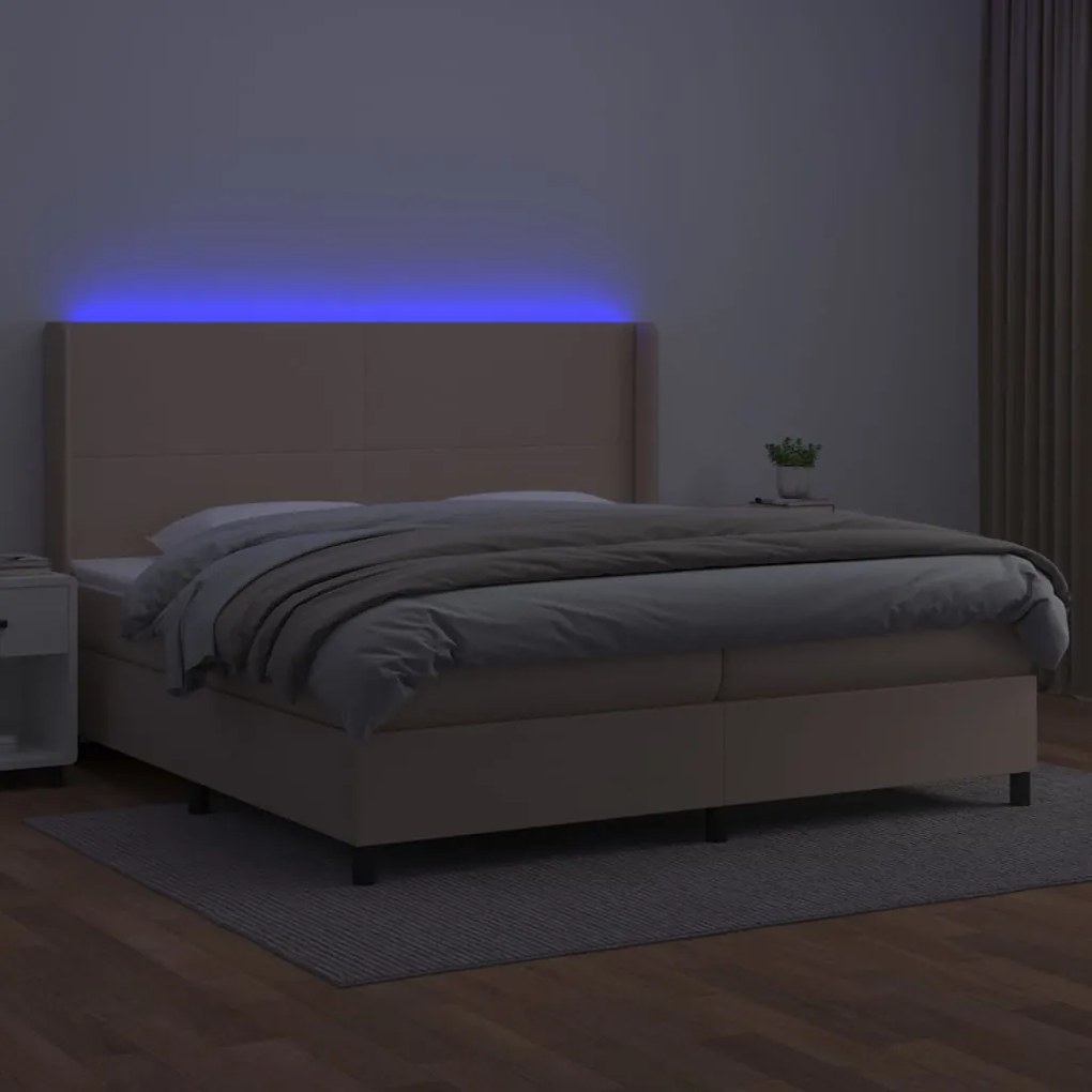 Κρεβάτι Boxspring Στρώμα&amp;LED Καπουτσίνο 200x200 εκ. Συνθ. Δέρμα - Καφέ