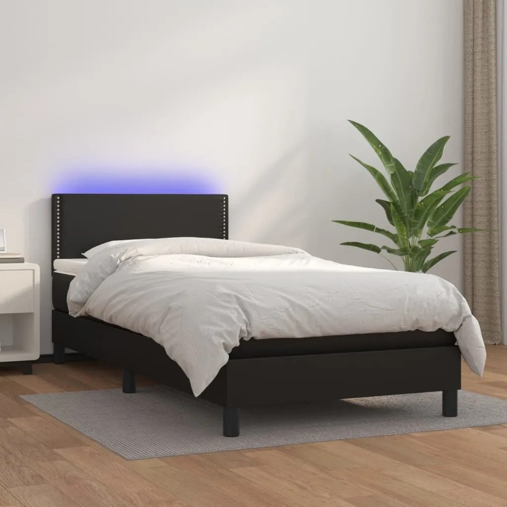 Κρεβάτι Boxspring με Στρώμα & LED Μαύρο 100x200 εκ. Συνθ. Δέρμα