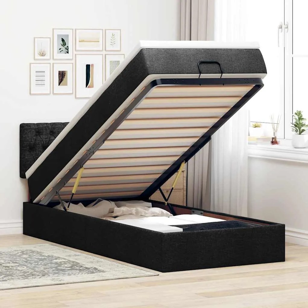 vidaXL Οθωμανικό κρεβάτι με στρώμα &amp; LEDs Μαύρο ύφασμα 90x190cm