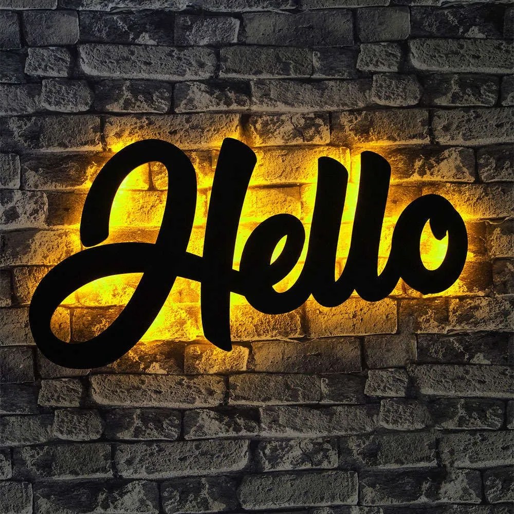 Διακοσμητικό Τοίχου Με Φως Led Hello 692FRW1155 40x69cm Yellow-Black Wallity Mdf
