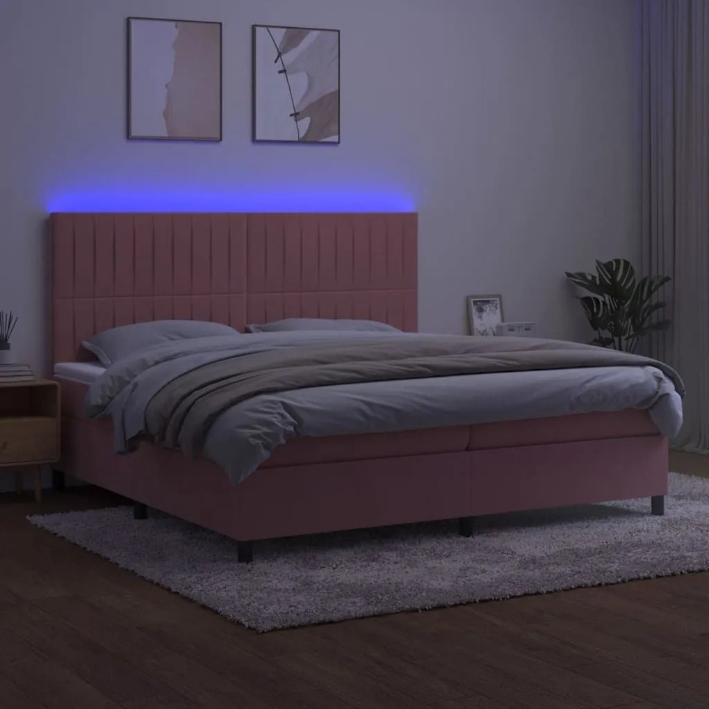 Κρεβάτι Boxspring με Στρώμα &amp; LED Ροζ 200x200 εκ. Βελούδινο - Ροζ