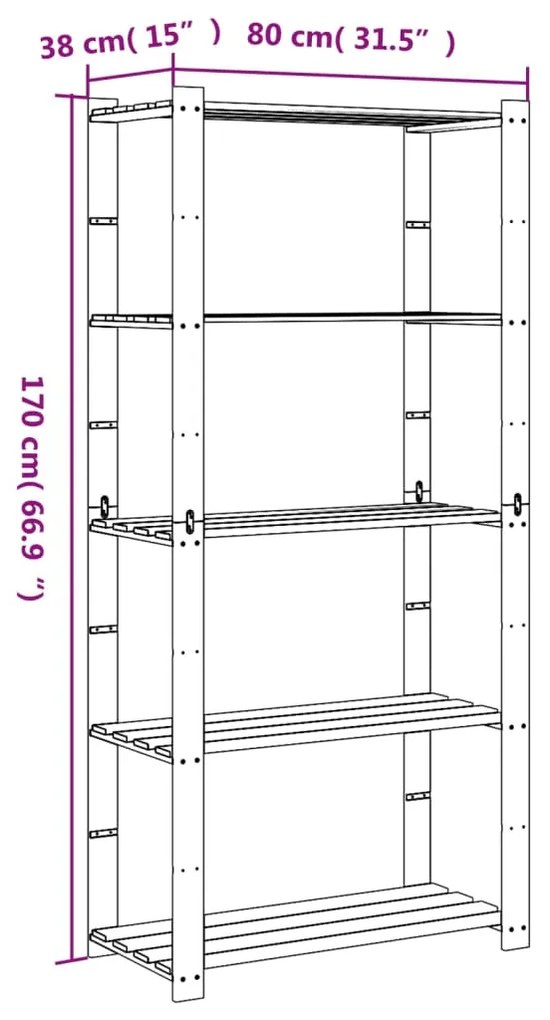 Ραφιέρα με 5 Ράφια Γκρι 80 x 38 x 170 εκ. Μασίφ Ξύλο Πεύκου - Γκρι