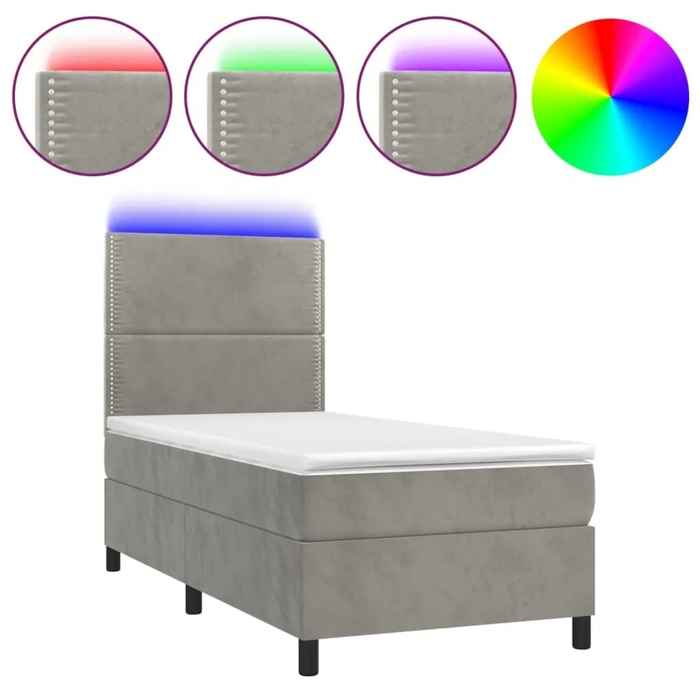 Κρεβάτι Boxspring με Στρώμα &amp; LED Αν.Γκρι 100x200 εκ. Βελούδινο - Γκρι