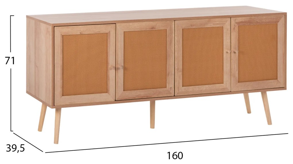 Μπουφές Colm Μελαμίνης &amp; Συνθετικό Rattan Στις 4 Πόρτες 160x39,5x71Yεκ.