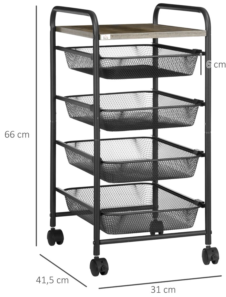 Τροχήλατο καρότσι HOMCOM με 4 καλάθια, καρότσι κουζίνας, 4 τροχοί με 2 φρένα, καρότσι πολλαπλών χρήσεων, Μαύρο, 41,5 x 31 x 66 cm