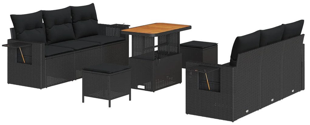 vidaXL 9 Τεμαχίων Σετ Καναπέ Κήπου με Μαξιλάρια Μαύρο Πολυ Ρατάν Ακακία