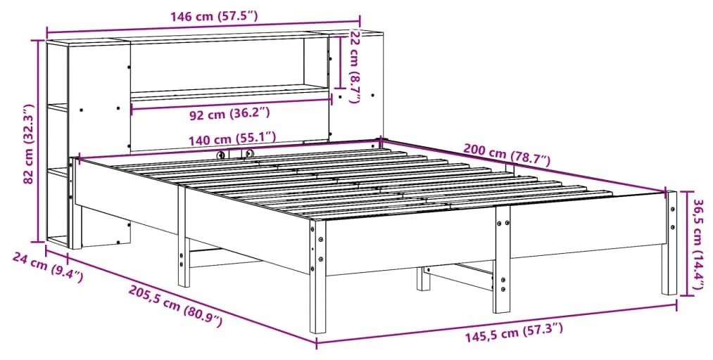 Κρεβάτι Βιβλιοθήκη Χωρίς Στρώμα 140x200 εκ Μασίφ Ξύλο Πεύκου - Καφέ