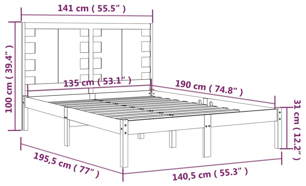 vidaXL Πλαίσιο Κρεβατιού 135 x 190 εκ. από Μασίφ Ξύλο Double