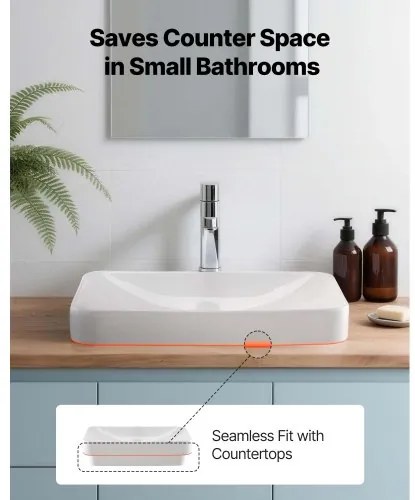 VEVOR Semi Recessed Bathroom Sink, 490 x 305 mm Rectangular White Ceramic Vessel Sink with 45 mm Drain Hole, Drop in Modern Lavatory Vanity Bath Wash Bowl Basin, Rectangle for Bathroom Small Space