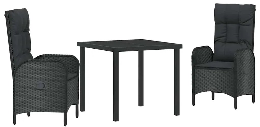 vidaXL Σέτ φαγητού για κήπο με μαξιλάρι 3 pcs Μαύρο Πολυ ράταν