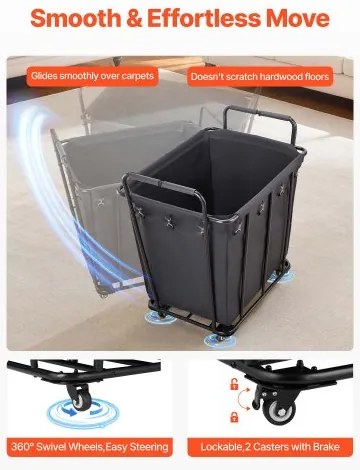 VEVOR Laundry Cart, Rolling Grocery Utility Cart with Waterproof Liner & Swivel Wheels, 118 KG Large Load Capacity, Heavy Duty Shopping Basket for Laundry, Shopping, Camping, Grocery, Luggage, Black