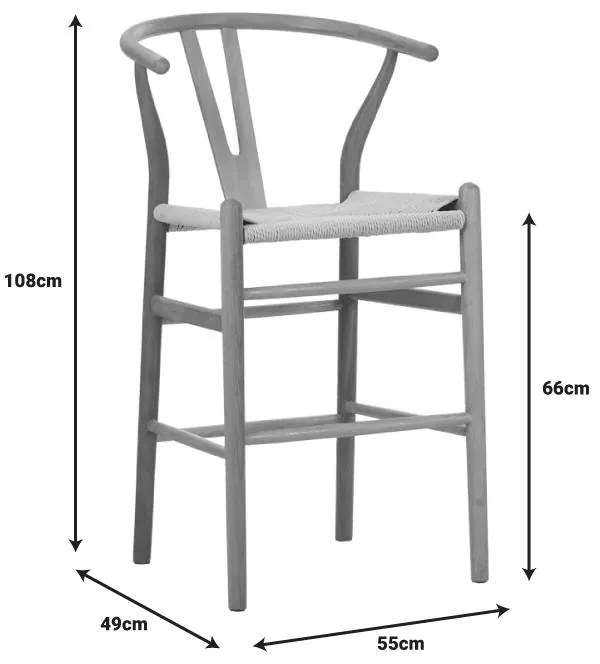 Σκαμπό μπαρ Wishbone rubberwood-σχοινί σε φυσική απόχρωση 55x49x108εκκ