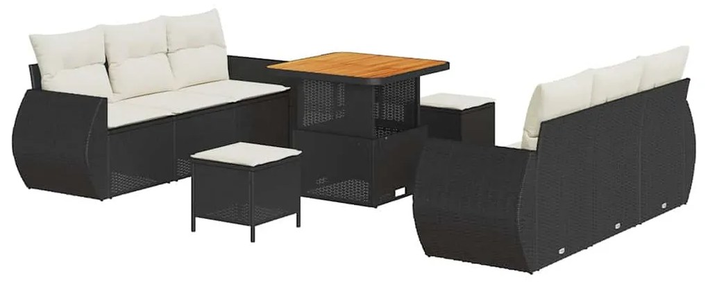 vidaXL Σετ Καναπέ Κήπου 9 Τεμαχίων με Μαξιλάρια σε Μαύρο, Πολυ Ράτταν, Ακακία