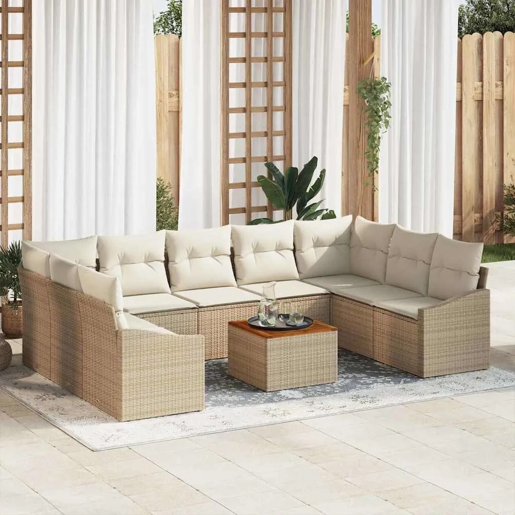 vidaXL Σετ Καναπέ Κήπου με μαξιλάρι 10 pcs Μπεζ Πολυ ράταν