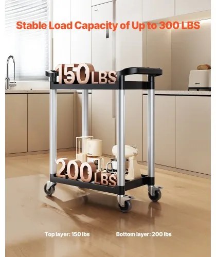VEVOR Heavy Duty Utility Cart 300 lbs Capacity 2-tier Service Cart with Wheels