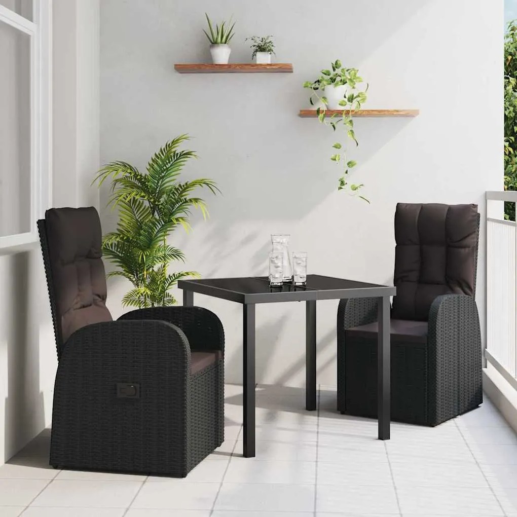 vidaXL Σέτ φαγητού για κήπο με μαξιλάρι 3 pcs Μαύρο Πολυ ράταν