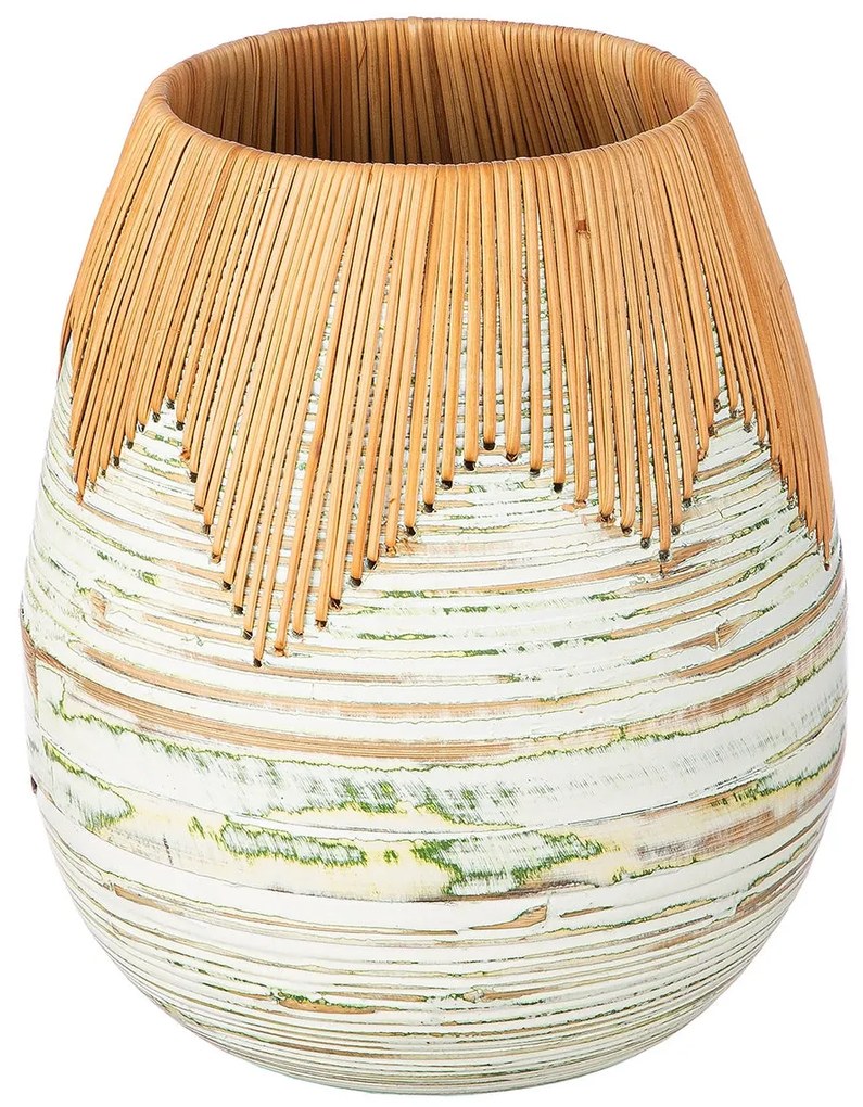 Βάζο Bulbous "Fortaleza" Bamboo Rattan Ecru Πράσινο PU H. 35 cm D. 30 cm