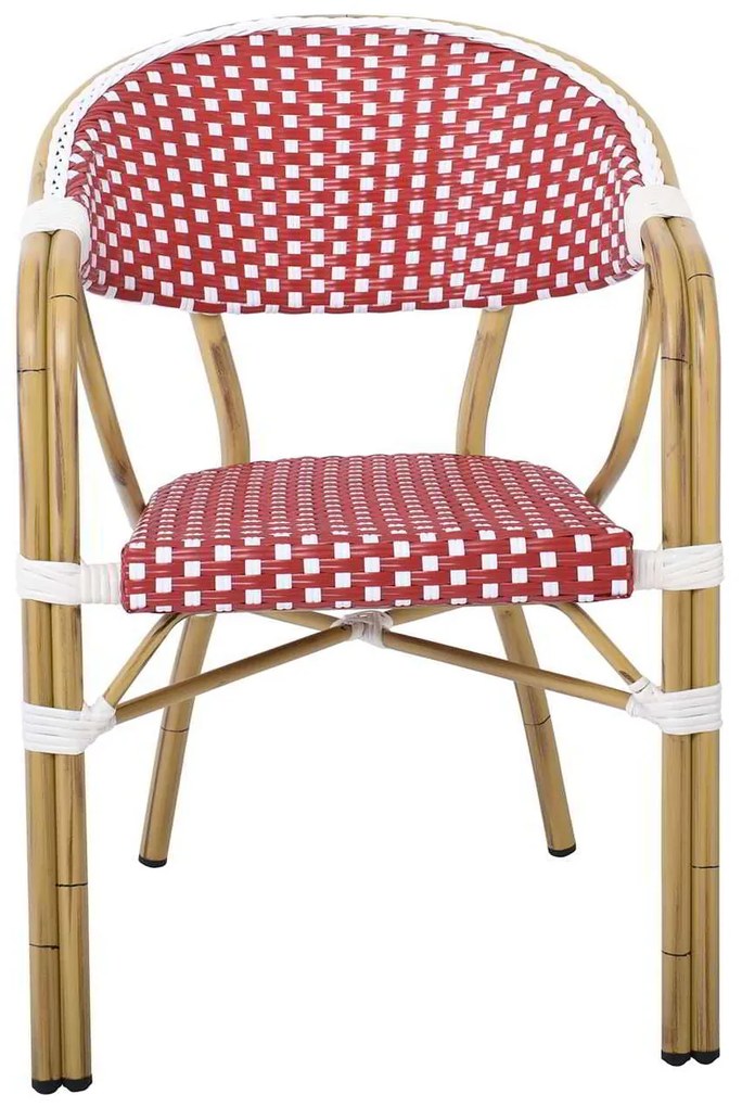 VEGERA Πολυθρόνα Dining Αλουμίνιο Φυσικό, Wicker Άσπρο - Κόκκινο, Στοιβαζόμενη
