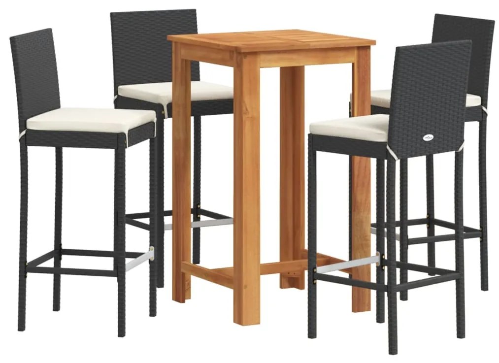 vidaXL Σετ Μπαρ Κήπου 5 Τεμ. Μαύρο Μασίφ Ξύλο Ακακίας και Συνθ. Ρατάν