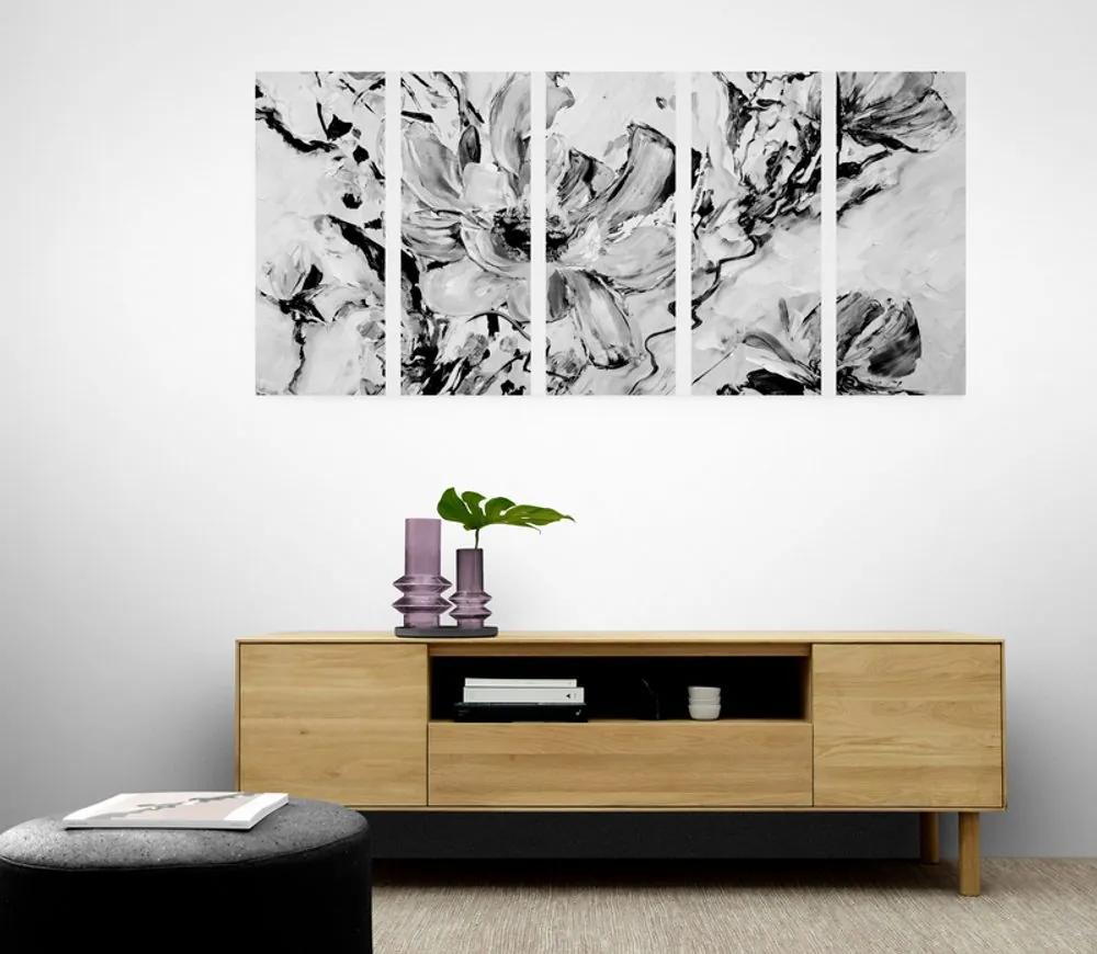 Εικόνα 5 τμημάτων μοντέρνα ζωγραφισμένα καλοκαιρινά λουλούδια σε μαύρο & άσπρο - 100x50