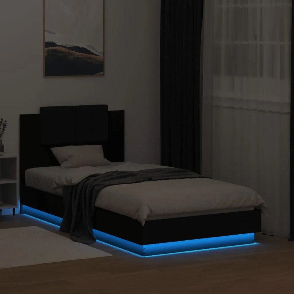 vidaXL Πλαίσιο Κρεβατιού με Κεφαλάρι &amp; λυχνίες LED Μαύρο 75 x 190 εκ.