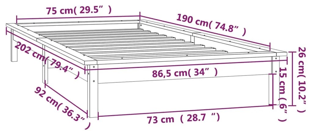 Πλαίσιο Κρεβατιού LED Γκρι 75x190 εκ. Μικρό Μονό Μασίφ Ξύλο - Γκρι