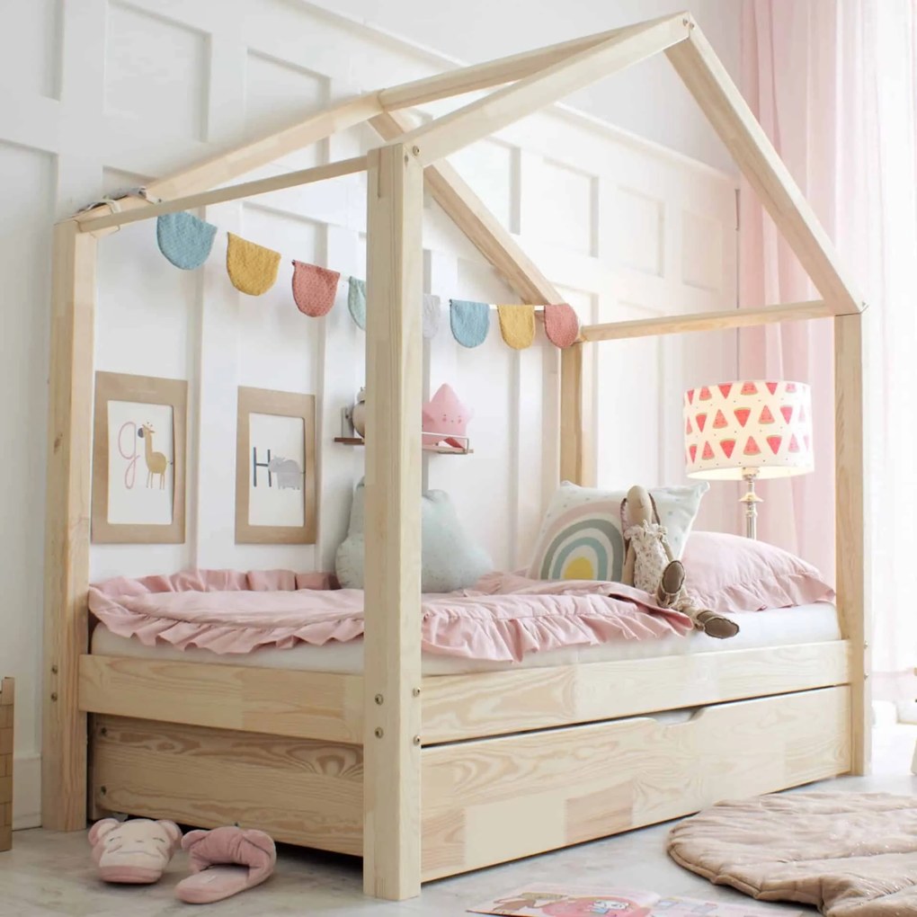 Κρεβάτι Παιδικό Montessori  House Bed Plus με Συρτάρι σε Φυσικό  Ξύλο  90×200cm  Luletto (Δώρο 10% έκπτωση στο Στρώμα)