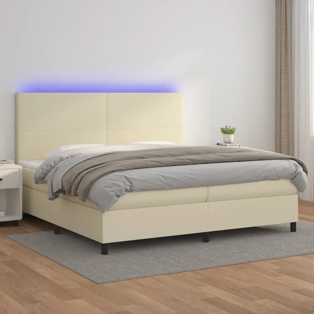 vidaXL Κρεβάτι Boxspring με Στρώμα &amp; LED Κρεμ 200x200 εκ. Συνθ. Δέρμα
