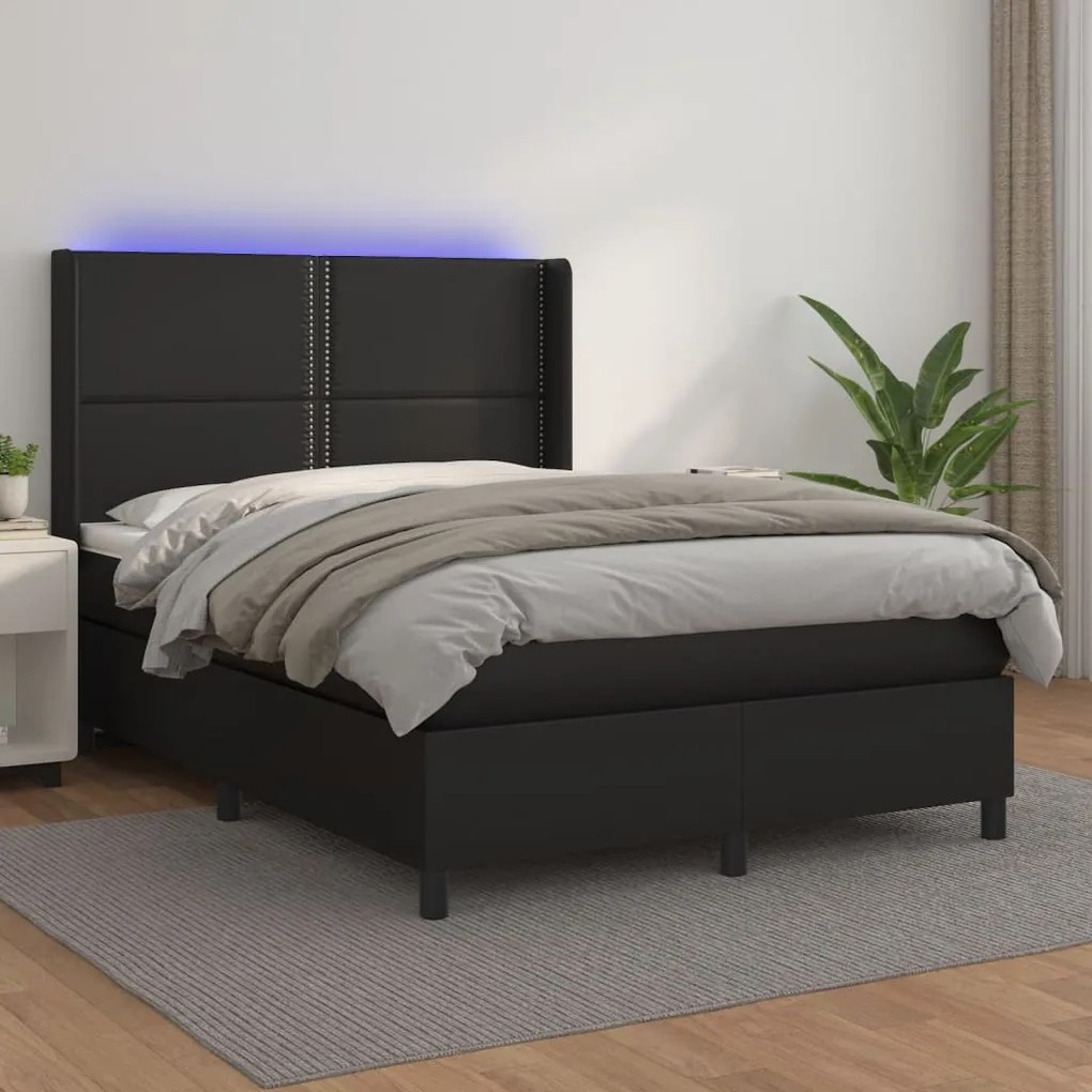 vidaXL Κρεβάτι Boxspring με Στρώμα &amp; LED Μαύρο 140x200 εκ. Συνθ. Δέρμα